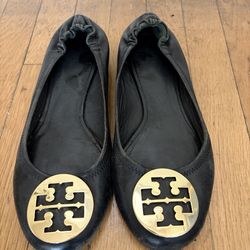 Tory Burch Reva Black Leather Ballet Flats Gold Logo Size 9