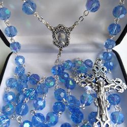 Blue Tin Cut Crystal Rosary And Rosary Pouch.  B5