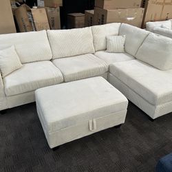 Cream Comfy Sectional W/ Storage Ottoman 