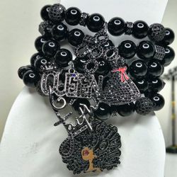 Black Beaded Queen Charm Bracelet 🖤