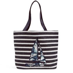 Vera Bradley Shore Enough Sailboat Straw Tote Beach Bag Navy & White Stripe