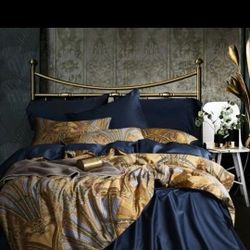 MorroMorn Gold Duvet Cover WITH DUVET King Size, Boho Bedding Sets Yellow Navy