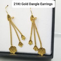 Solid 21k Polished Gold dangle multi strand chain drop  tassel faceted earrings 