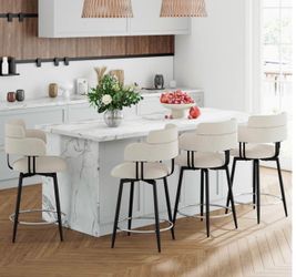 Swivel Bar Stools Set of 4 – Counter Height Bar Stools with Linen Upholstery, Ergonomic Backrest, and Chrome Metal Feet for Kitchen Island (Beige, 24"