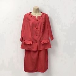 ✨New✨ Adult Women Size 14 W 2-piece Pink Coral Suit Skirt Blazer Jacket Button Up 3-4 Sleeve Elastic Waist Knee Length