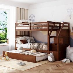 Nora Natural Wood Twin Over Full Bunk Bed With Stairway Chest & Twin Trundle