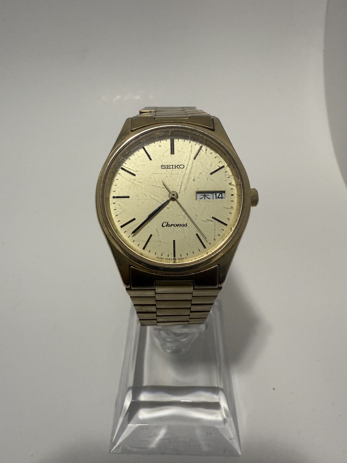 Vintage SEIKO Chronos 5H23 7D40 Gold Dial Day Date Mens Qz Watch