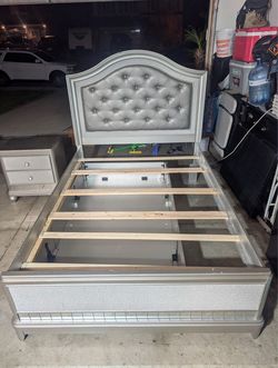 Silver Tufted Bed Frame with Nightstand and dresser