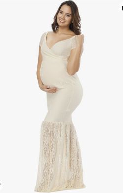 Beige Off Shoulder Short Sleeve V Neck Lace Maternity Gown Maxi Photography Dress