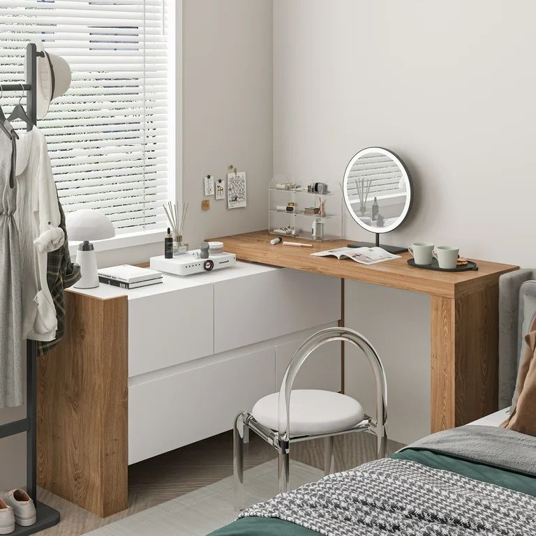 L-Shaped Desk with Dresser, 3 Drawer Drawer with Shelves, White & Brown
