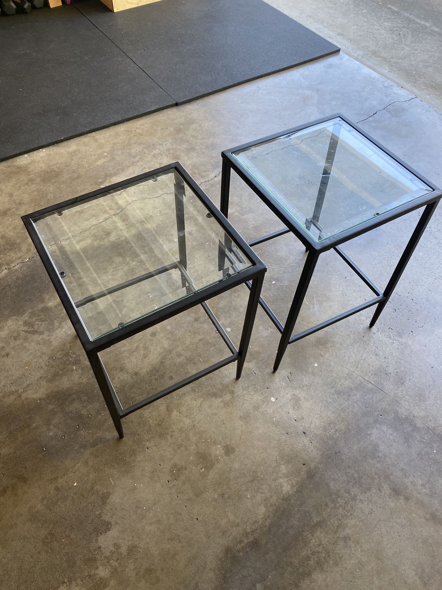 Pair of metal + glass end tables