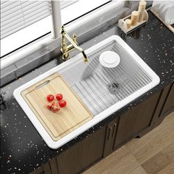 New Topmount Workstation Kitchen Sink Drop In White 32.5 x 19 Inch Offset Drain - Dual Mount Heavy Duty Undermount Fireclay Sink Single Bowl for Kitch