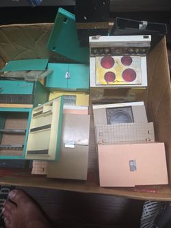 Barbie dolls appliance furniture 50s or early 60s Refrigerator sink oven dryer and cabinets