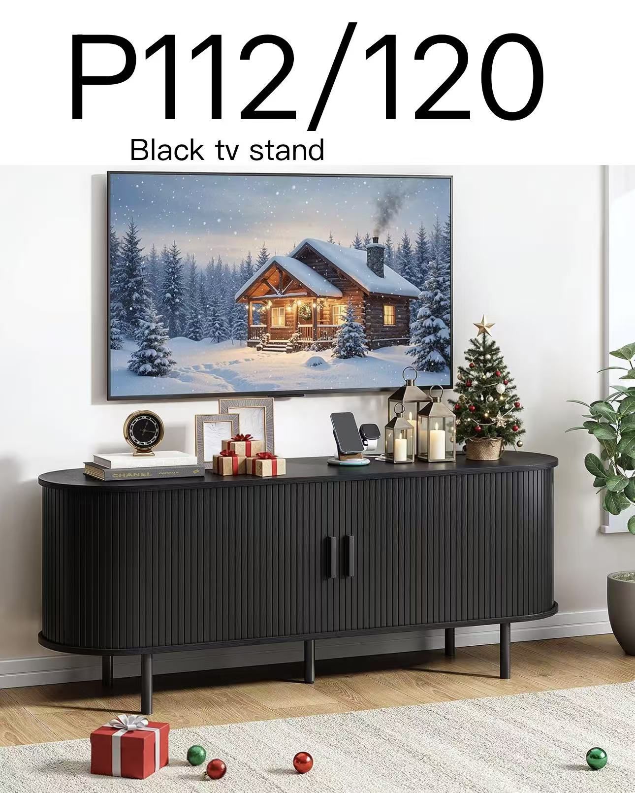 P112๐55" TV Stand with Power Outlet, Modern Media Console with Sliding Doors, Entertainment Center for TVs up to 60 Inch, Adjustable Shelves, Black$1