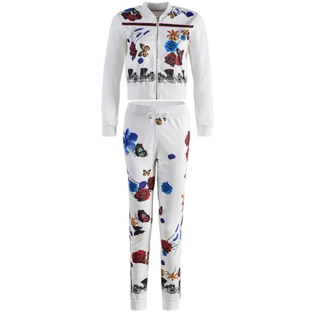 Women's White Butterfly Flower Print Tracksuit Set - Polyester Joggers & Jacket - 2024 Winter Ensemble