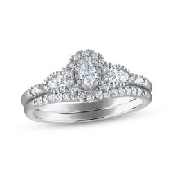 Kay Jewelers 14K White Gold Oval Pear Diamond 3-Stone Bridal Set 3/8 ctw NEVER WORN, Size 5.5