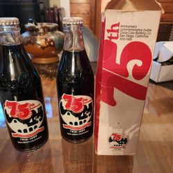 2 x 75th Anniversary San Diego Coca Cola Coke Bottle 1 x Box 