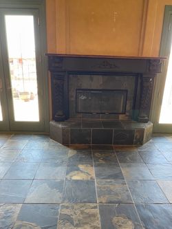 ORNATE VINTAGE WOOD FIREPLACE MANTEL + FIREPLACE INSERT