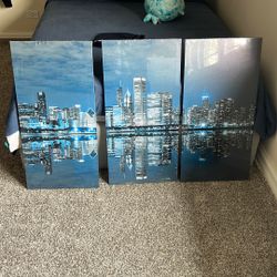 S Blue Chicago Illinois Skyline Canvas Art Print Stretched Framed Painting Picture Poster Giclee Wall Decor - 60" x 40" (0.75" Deep) (3-Piece)