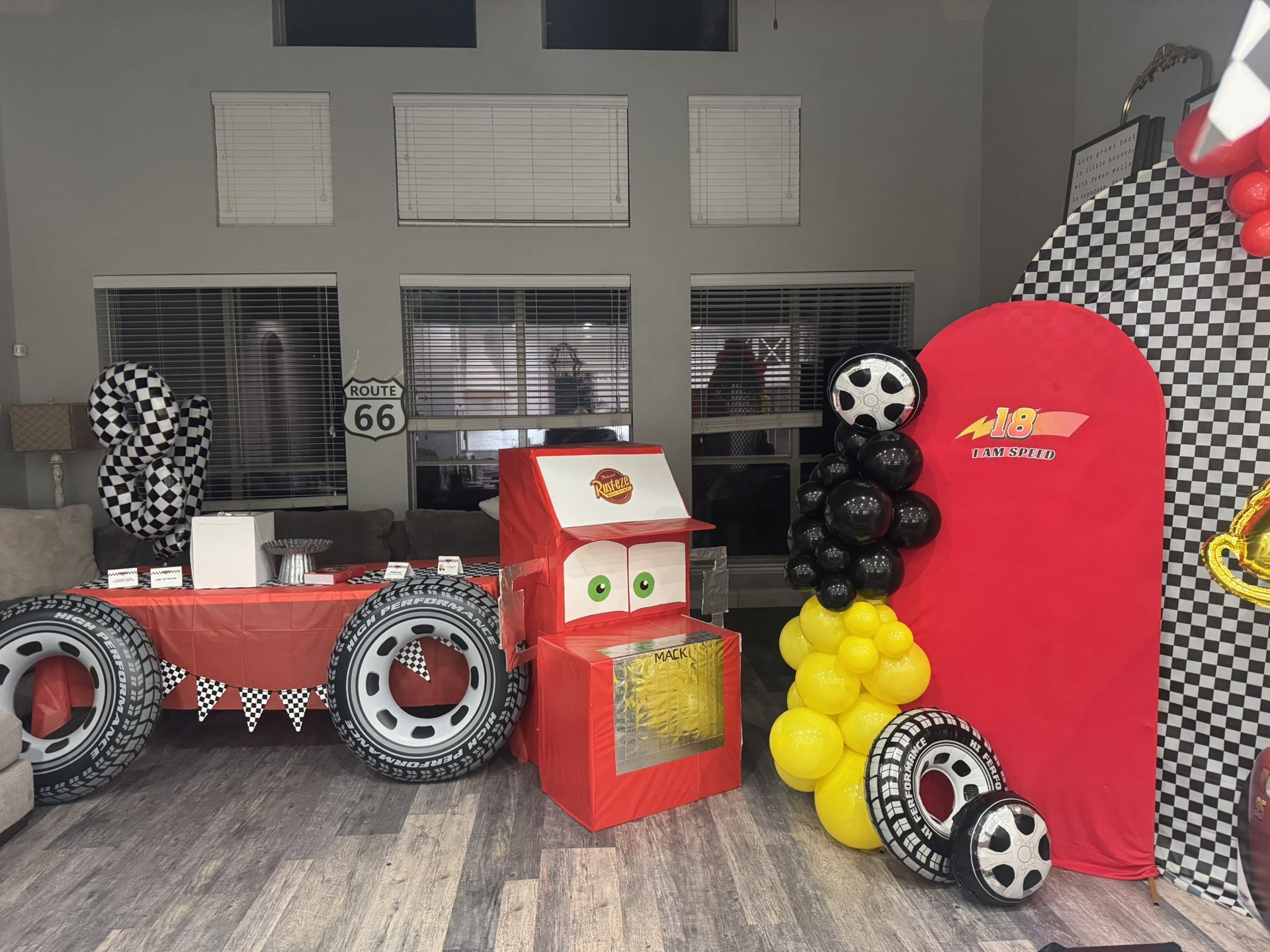 Hand Made Mack Truck Large Cardboard McQueen And Mater Full Balloon Garland And All Backdrop Pieces ( Exception To try Frame )
