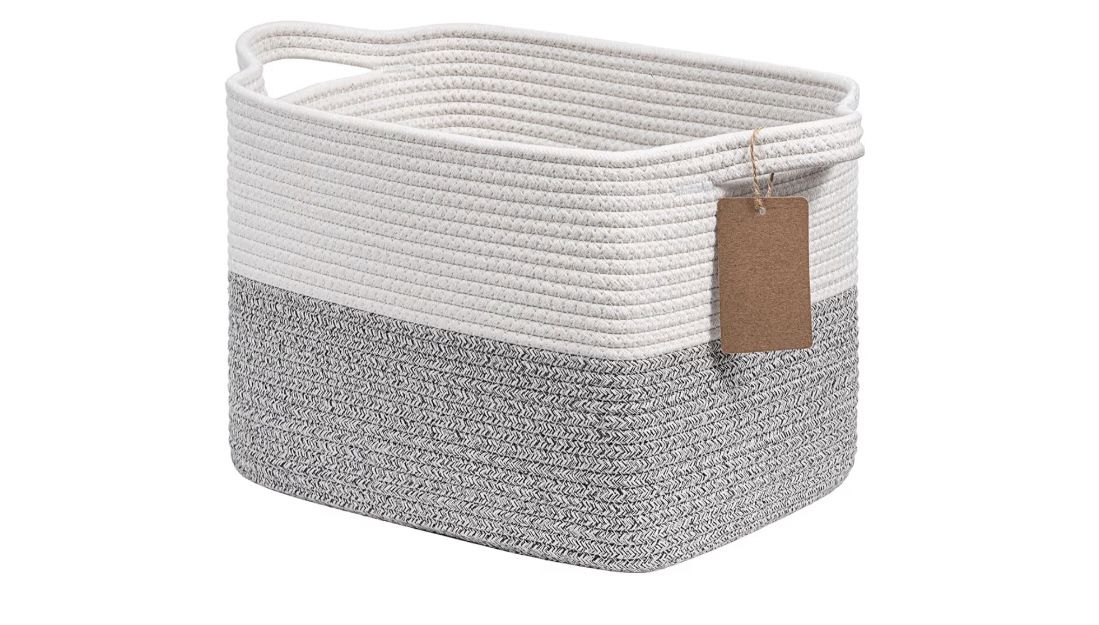 Goodpick Woven Storage Basket, Small Laundry Basket for Clothes, Towels and Shoes, Rope Square Gift Organizer with Handles, Gray and White, 13 x 10 x
