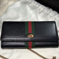 Authentic Gucci Black Leather Chain Wallet Crossbody 