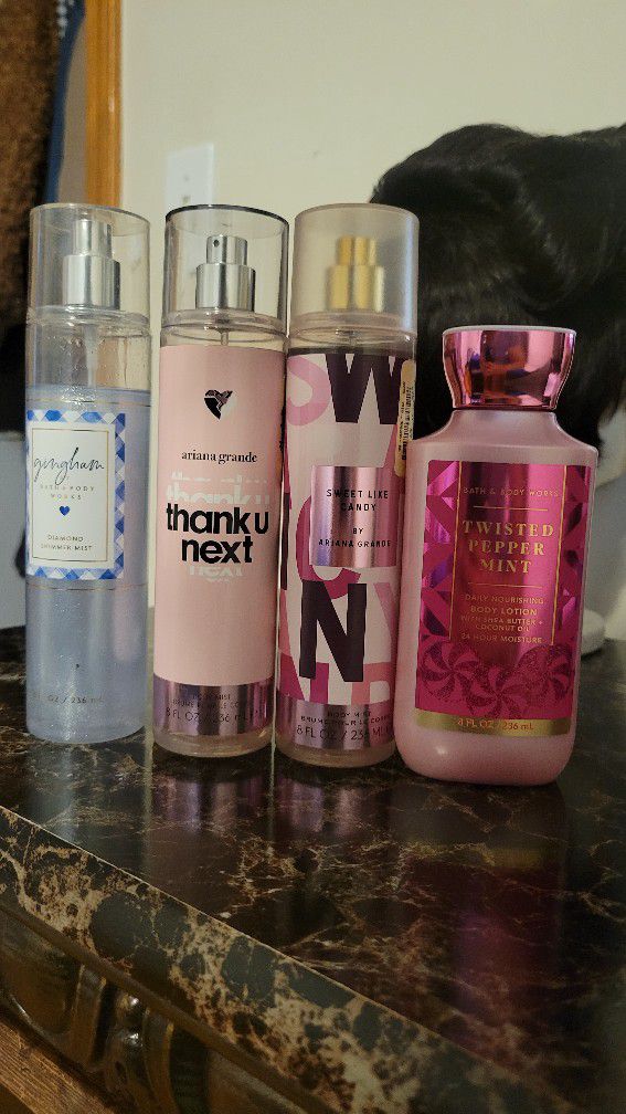 Ariana Grande perfume body mists, Bath and Body Works body mist and lotion and Bvlgari mini perfume