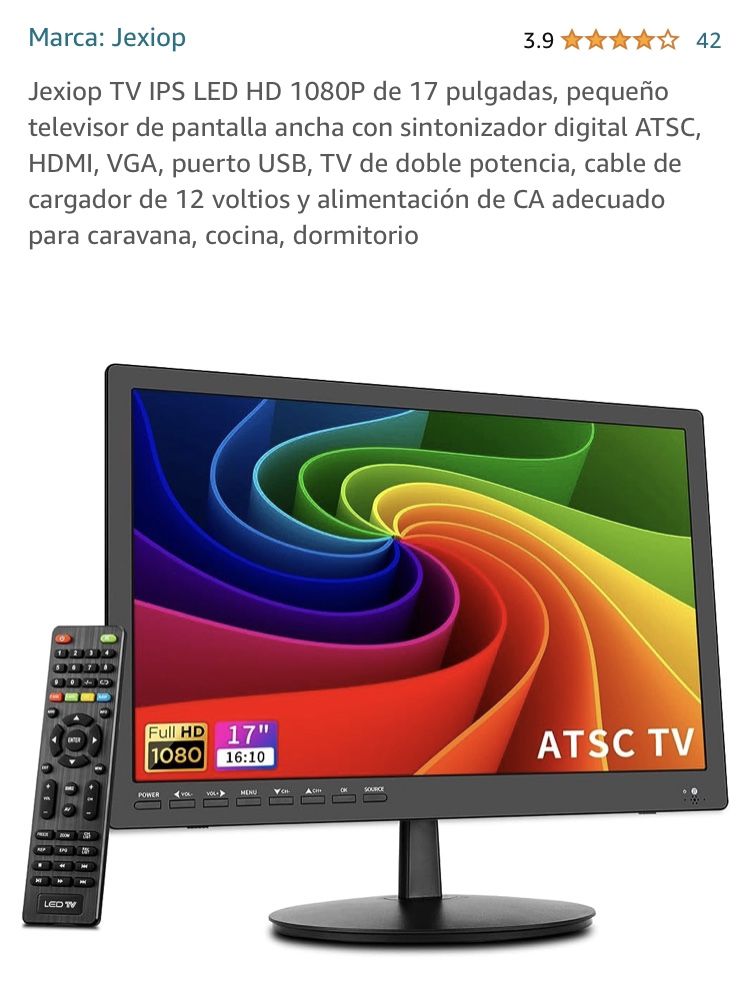 Jexiop 17-inch IPS LED HD 1080P TV, small widescreen TV with ATSC digital tuner, HDMI, VGA, USB port, dual power TV, 12-volt charger cable and AC powe