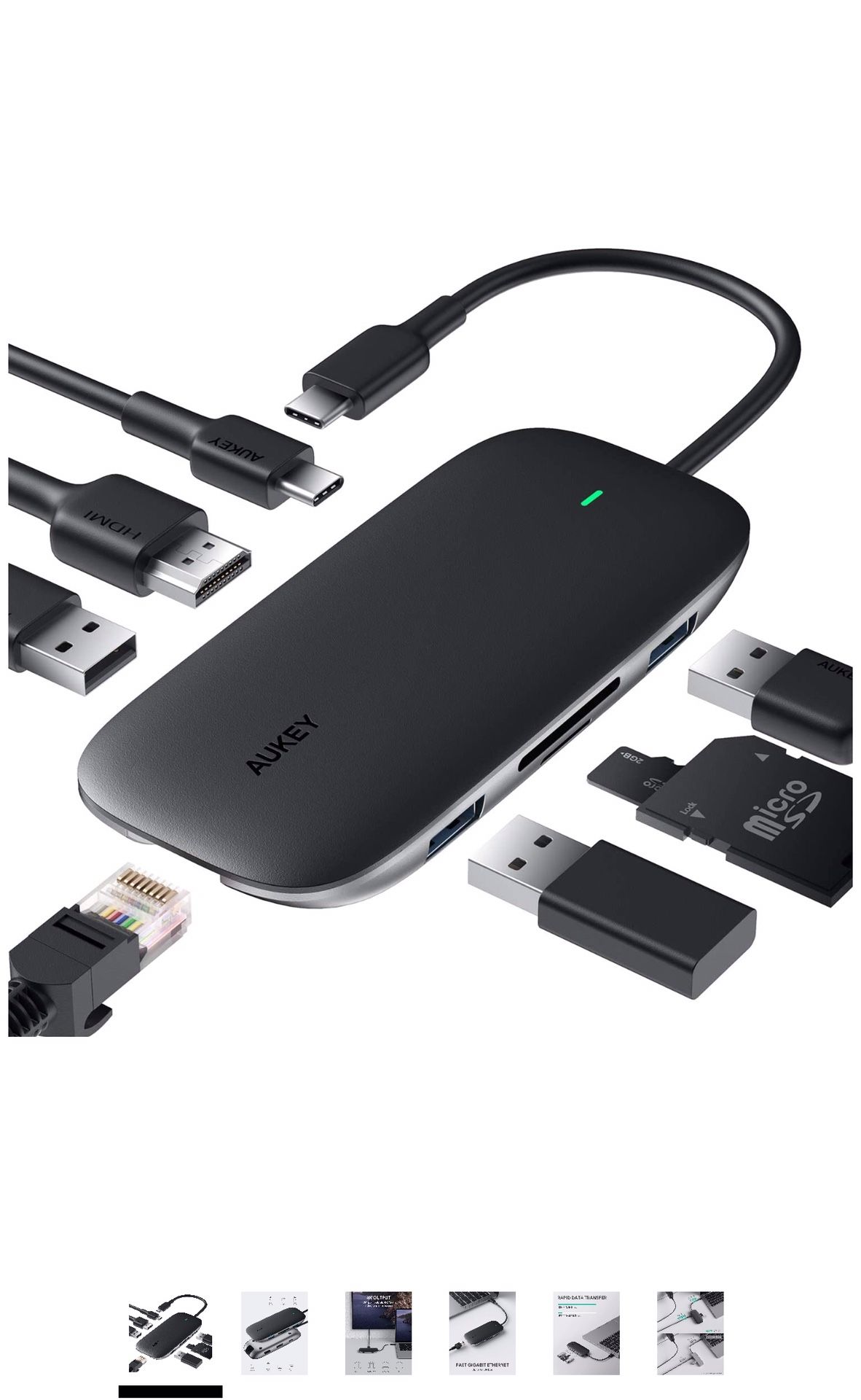 USB C Hub 8-in-1 Type C Adapter with Ethernet Port, 4K USB C to HDMI, 2 USB 3.0 and 1 USB 2.0, 100W USB C Power Delivery Charging, SD/TF Card for Mac