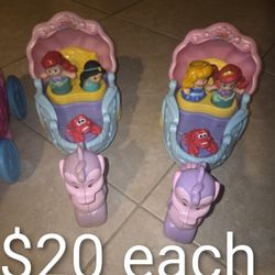 Princess Carriages, Little People, Mermaid Cinderella, and All Light Up W Music, $20 each. Comes with 3 Princesses, 4 available.