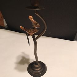 Tri-Tone Metal 11 1/2” Tree Branch Single Candle Holder w/ 2 Birds & 2 Leaves