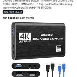 Capture Card Nintendo Switch, 4K HDMI Video Capture Card, 1080P 60FPS, HDMI to USB 3.0 Capture Card for Streaming Work with Camera/Xbox/PS4/PS5/PC/OBS
