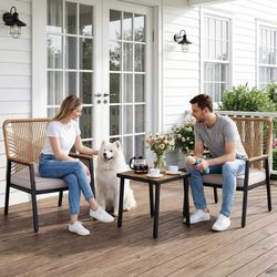 3-Piece Patio Furniture Set, Outdoor Rattan Chairs with Table, Garden Set with 3
