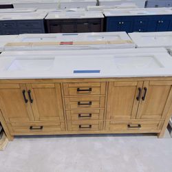72” Brand New Bathroom Vanity in Teak color, Soft Close Solid Wood with Top in White  $1149 