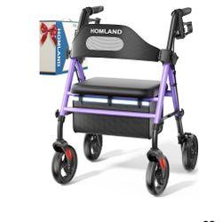 Foldable Rollator Walkers with Seat for Seniors, 8'' Big Wheels, 350 lb. Weight Capacity, Adjustable Handles and Seat Height, Lightweight Rolling Walk
