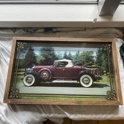 Vintage Framed And Glass Front Of 1930 ‘s Cadillac With Working Clock .
