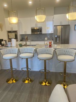 4 Barstools, Cream White/Light Beige Velvet and Gold