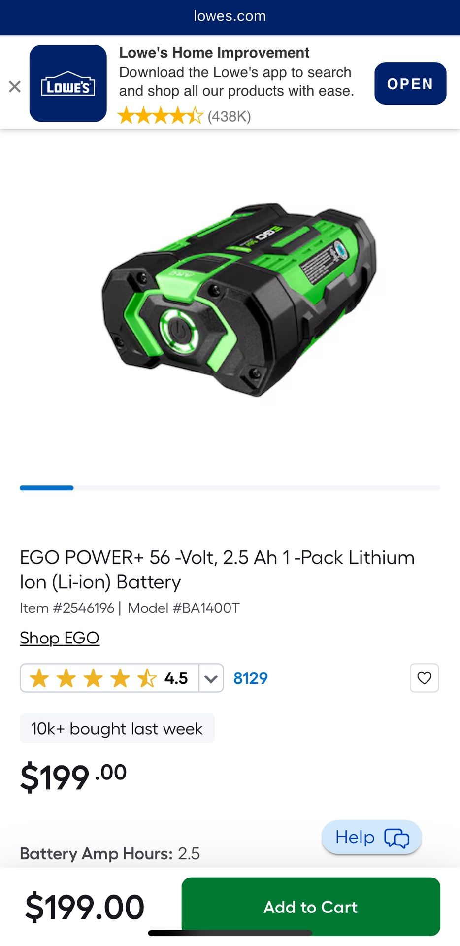 New EGO POWER+ 56 -Volt, 2.5 Ah 1 -Pack Lithium Ion (Li-ion) Battery