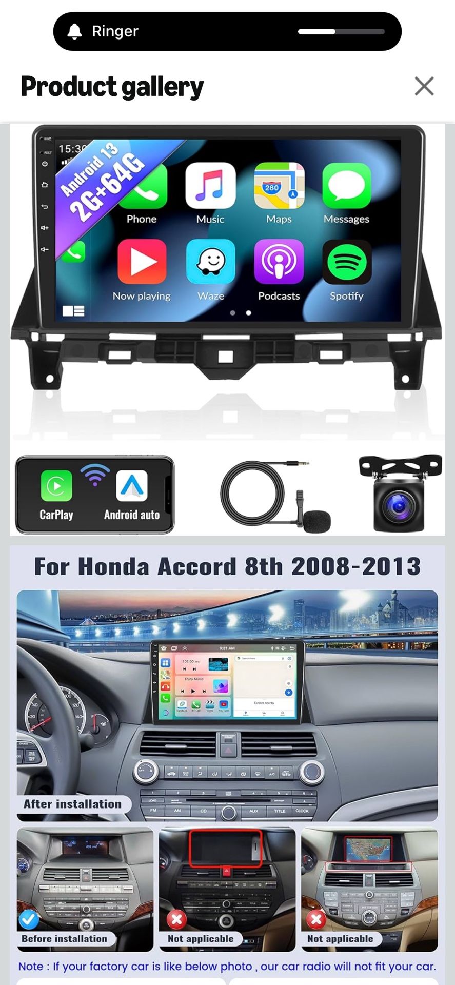 Android 13 Car Stereo for Honda Accord 2008 2009 2010 2011 2012 2013 10.1 Inch Touch Screen 2G+64G CarPlay Android Auto Car Radio Bluetooth GPS Naviga