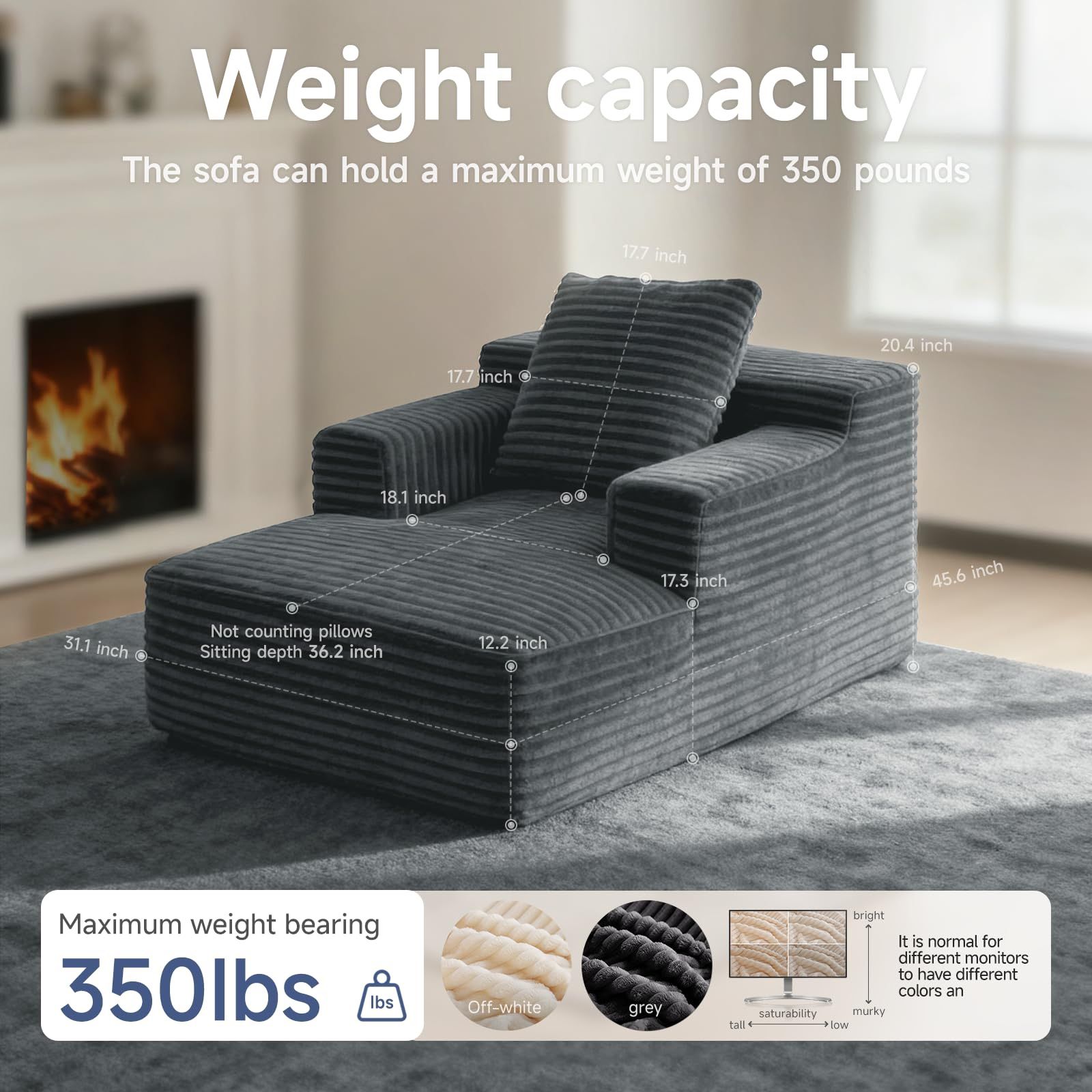 45'' Chaise Lounge Chair Indoor, Corduroy Upholstered Boneless Sofa Bed, Deep Seat Sleeper Couch Reading Chairs, Small Comfy Cloud Sofas Couches for L