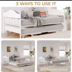 New! Daybed with Trundle, Metal Twin Bed Frame with Pop Up Foldable Trundle Bed, White