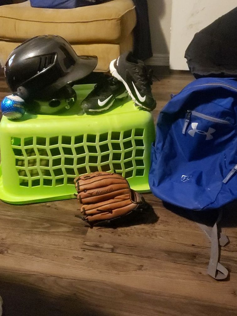 Baseball Glove, Helmet, Cleats , Backpack And Baseball