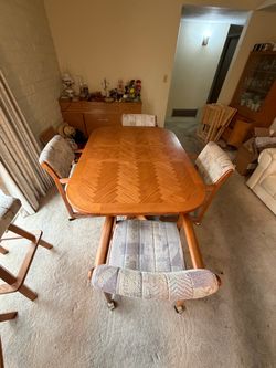 Vintage Oak Parquet Dining Table with 4 Chairs