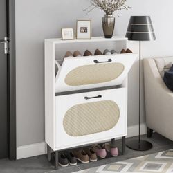 New Shoe Storage Cabinet with 2 Flip Drawers, Freestanding Narrow Shoe Rack Organizer for Entryway