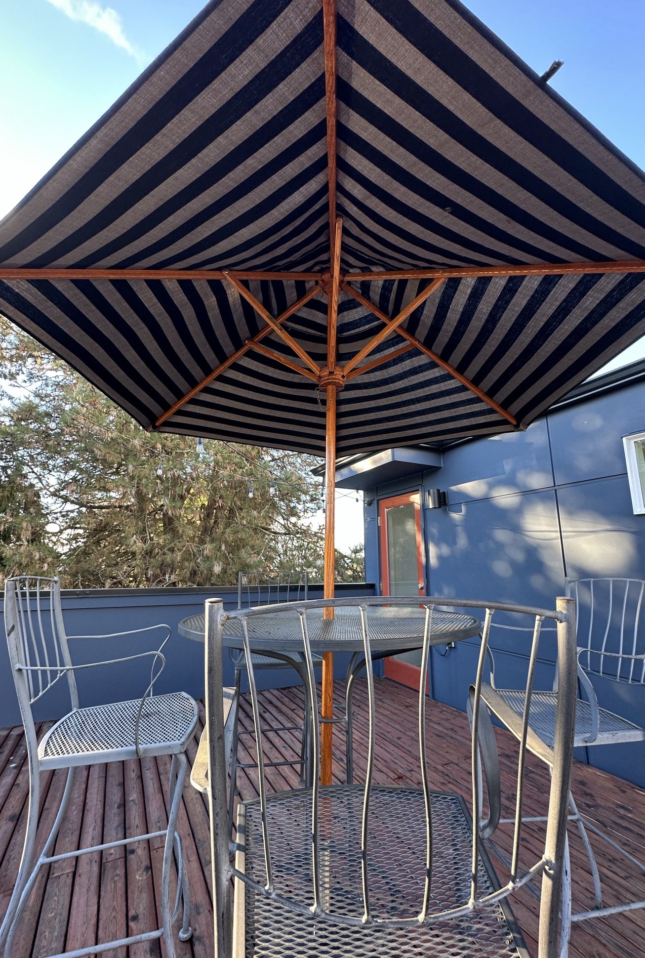 Patio Furniture Powder Coated Wrought Iron Table Chairs Teak Umbrella