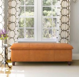 49 in. Whisky Brown Upholstered Faux Leather Storage Ottoman with Safety Hinge