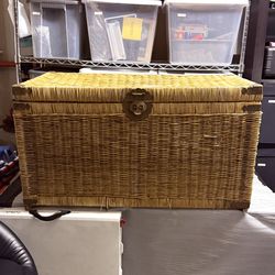Vintage Chinoiserie Handwoven Wicker Trunk with Brass Trim