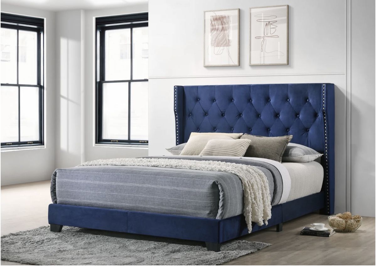 New Queen Bed Frame Blue & Mattress