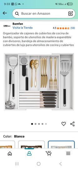 Organizer of drawers of bamboo kitchen cutlery, expandable wooden utensils stand with dividers, storage tray of