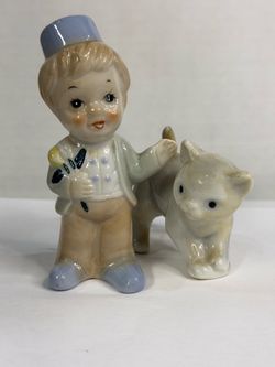 Vintage Made in Japan Porcelain Boy & Dog Figurines Set Ceramic Puppy 1950s Style